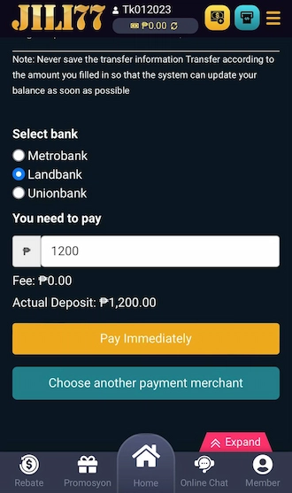 Step 2: Select the bank & select the amount you want to pay. Then click "Pay Immediately".