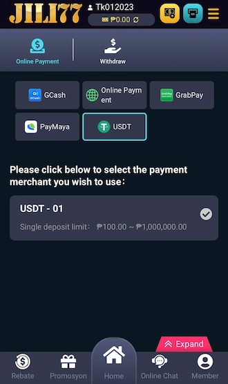 Step 1: Visit the deposit page and select the deposit method as USDT.